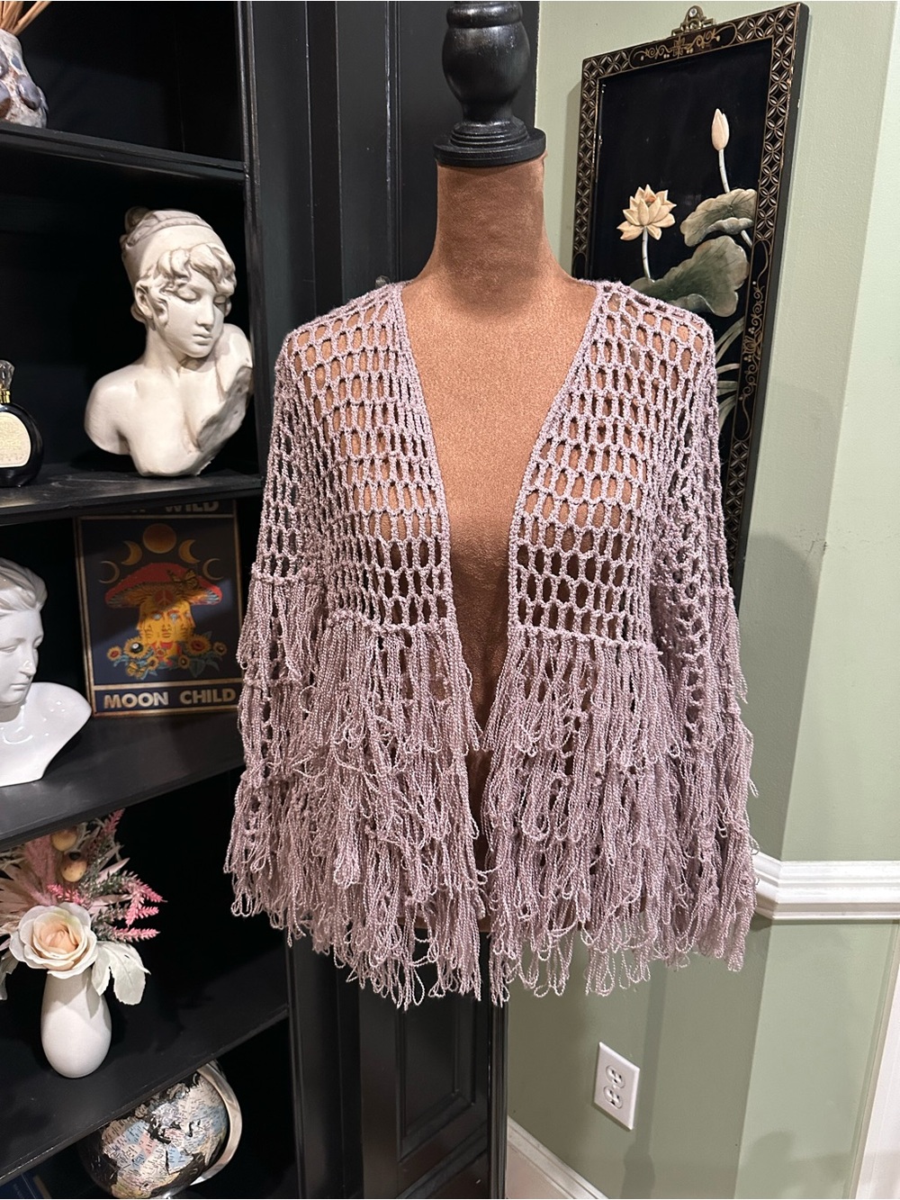 POL Lavender Fishnet Fringe Cardigan – Size Small (Fits S–L)